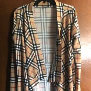 Long plaid leather elbow pad cardigan